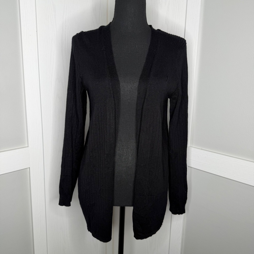 Pointelle‎ Cardigan Sweater Womens Medium Black Ribbed Open Front Long Sleeve
